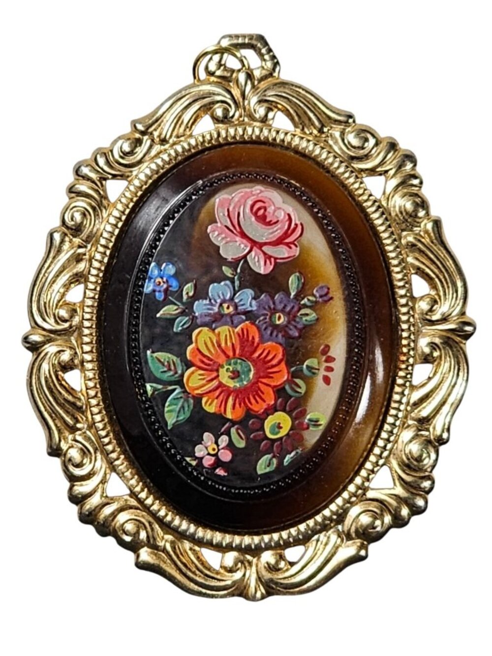 Hand-Painted Floral Pendant Brooch Gold Tone Ornate Frame Oval Retro VTG